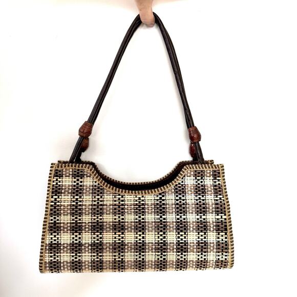 American Vintage Handbags - Plaid Woven Raffia Shoulder Bag with Brown Straps and Beaded Strap Detail Purse